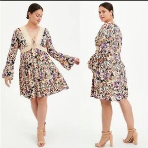 Torrid Sand Floral Gauze Lace up Skater Long Sleeve Mini Dress NWT